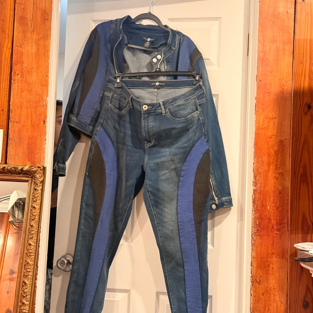 Ashley Stewart Blue Denim High-Rise Jeans with Navy Panels